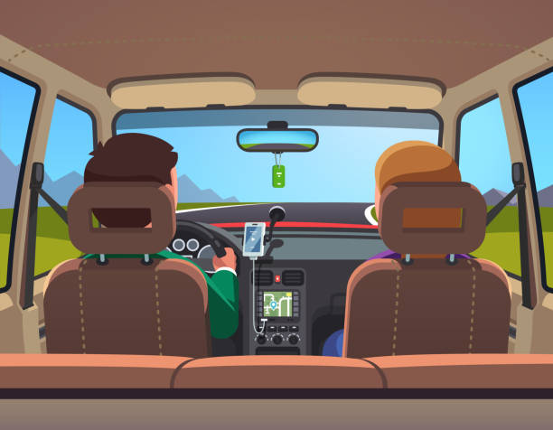 Inside view of sedan car with family couple driving on road vector clipart illustration Two people family couple on vacation car road trip. Countryside travel ride. Car interior, people on front row, husband driving. Flat style isolated vector illustration car interior stock illustrations