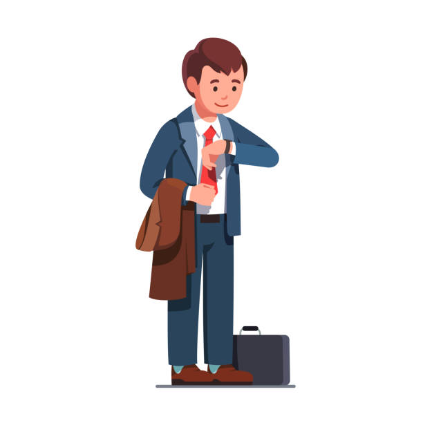 Business man looking at wrist watch waiting, vector clipart illustration Business man wearing necktie suit and holding a coat standing and looking at wrist watch, waiting. Smiling corporate business person character wearing stylish clothes. Flat style vector illustration impatient stock illustrations