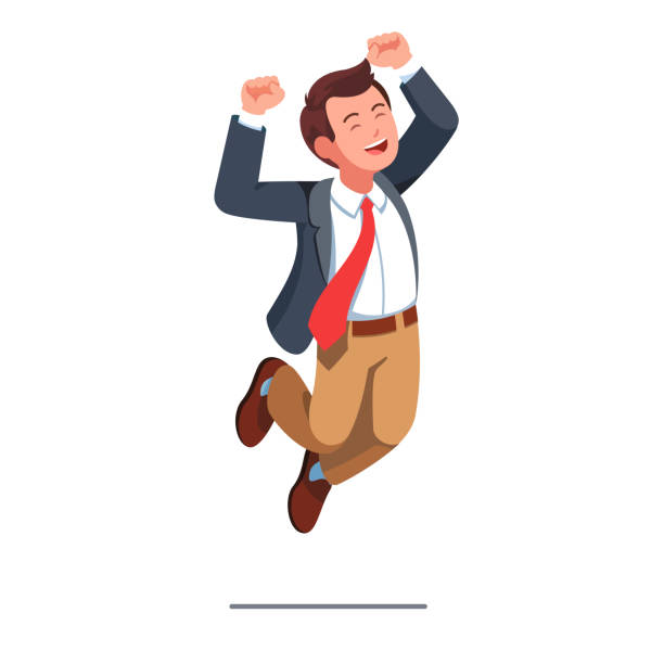 Happy business man celebrating victory jumping with raised hands vector clipart illustration Business man jumping celebrating success with rising up arms with clenched fists winner gesture. Business person with smiling face wearing red necktie & jacket. Flat style isolated vector illustration exhilaration stock illustrations