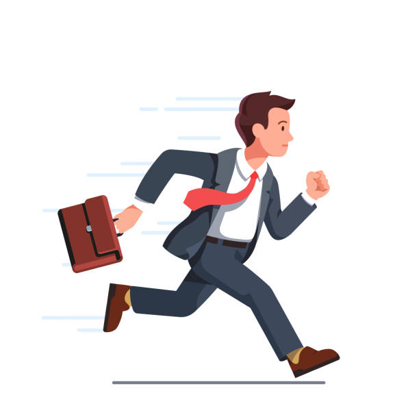 Business man with briefcase running fast vector clipart illustration Business man with briefcase running fast with waving necktie. Late business person rushing in a hurry to get on time. Flat style vector character illustration isolated on white professional runner stock illustrations