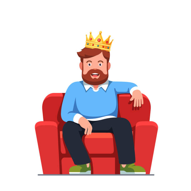 brodaty mężczyzna siedzący na czerwonym fotelu tronowym ubrany w złotą koronę uśmiechniętą ilustrację wioctora clipart - duke stock illustrations