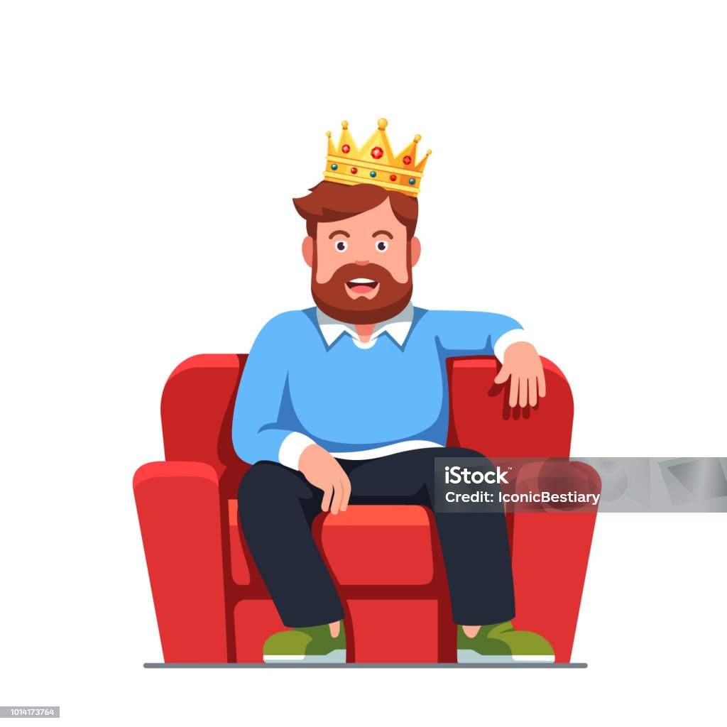 Bearded man sitting on a red throne armchair wearing gold crown smiling vector clipart illustration Smiling bearded man pretending to be a modern king wearing gold crown sitting on home arm chair throne. Egotistical fantasy of successful boss. Flat style isolated vector character illustration Sitting stock vector