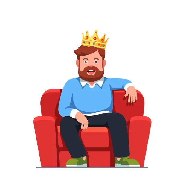 Vector illustration of Bearded man sitting on a red throne armchair wearing gold crown smiling vector clipart illustration