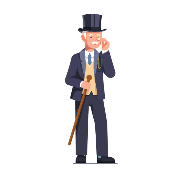 illustrations, cliparts, dessins animés et icônes de riche vieux business man et aristocrate monsieur portant chapeau haut de forme parcourant monocle tenant canne vector clipart illustration - monocle