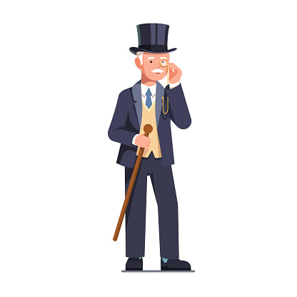 Rich old business man and aristocrat gentleman wearing top hat looking through monocle holding cane vector clipart illustration