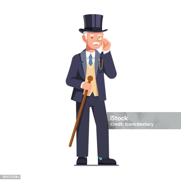 Rich Old Business Man And Aristocrat Gentleman Wearing Top Hat Looking  Through Monocle Holding Cane Vector Clipart Illustration Stock Illustration  - Download Image Now - iStock