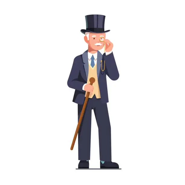 Vector illustration of Rich old business man and aristocrat gentleman wearing top hat looking through monocle holding cane vector clipart illustration