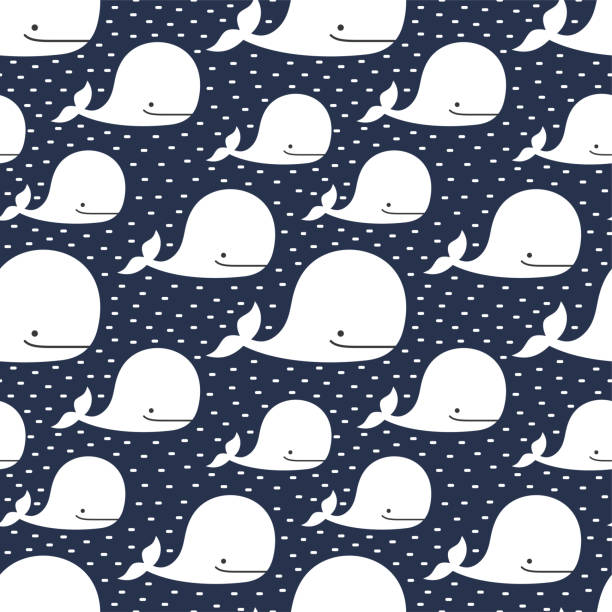 Whale Pattern Whale Seamless Pattern, Cute Cartoon Background with Blue Wave pool at the crook stock illustrations