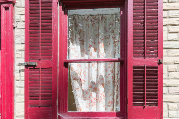 istock orange flower, white sheer curtain and red window 1014177402