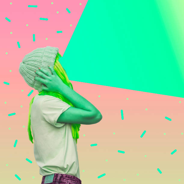 Green alien girl with a projector instead of a face emits light. Contemporary art collage. Concept of memphis style posters. Abstract minimalism