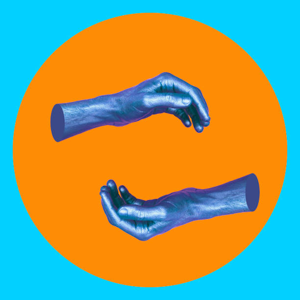 Painted in blue hands in orange circle. Painted in blue hands in orange circle. Contemporary art collage. Concept of memphis style posters. Abstract minimalism vaporwave photos stock pictures, royalty-free photos & images