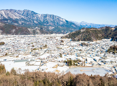 Aerial view of snow in winter at Yamanouchi in Nagano, Japan