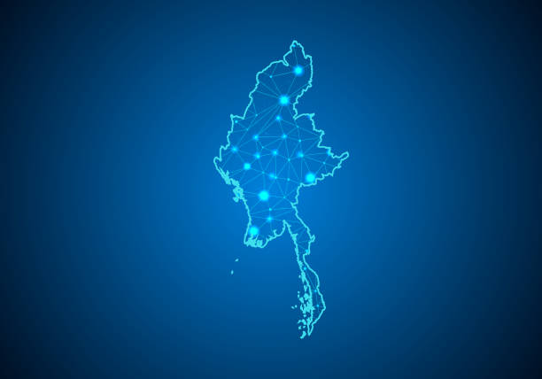 istock Abstract mash line and point scales on dark background with Map of myanmar. Wire frame 3D mesh polygonal network line, design sphere, dot and structure. communications map of myanmar. Vector. 1014187026