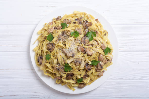 istock Pasta tagliatelle with chicken meat and mushroom 1014190652
