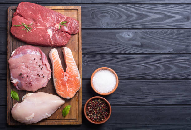 istock salmon , beef , pork and chicken 1014190710