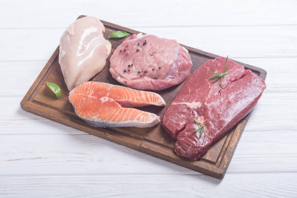istock salmon , beef , pork and chicken 1014190742
