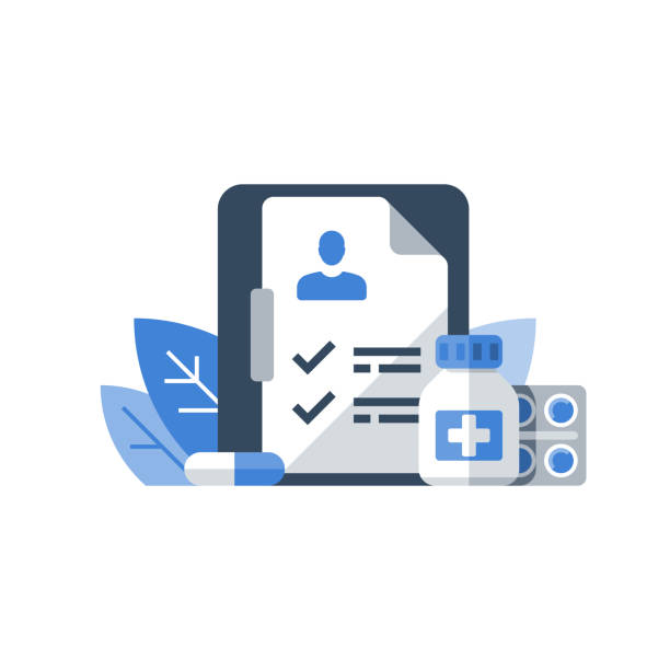 stockillustraties, clipart, cartoons en iconen met voorschriftgeneeskunde gezondheidszorg programma, medische diensten, verzekering en behandeling, medicatie cursus, check lijst klembord - apotheek