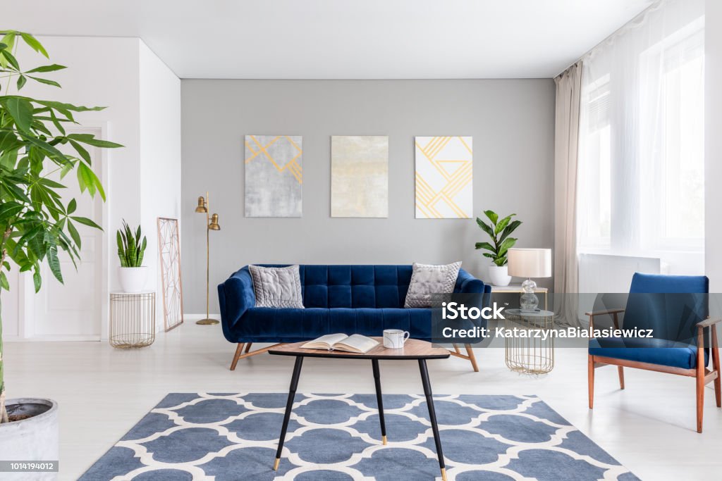 Foto real de un interior de elegante sala de estar con un sofá azul, Sillón, mesa de centro, alfombra estampada y pinturas en la pared gris - Foto de stock de Cuarto de estar libre de derechos