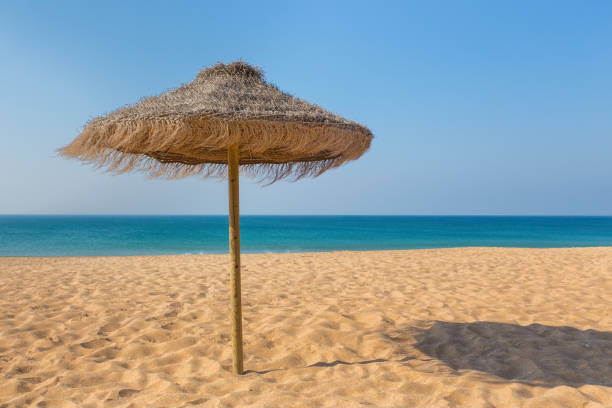 One thatched beach parasol at blue sea in Albufeira Portugal. I took this photo during my vacation in the Algarve. It was early in the morning to avoid all the tourists, so there are no people sunbathing yet. On this sunny day there's a blue sky above the water of the ocean.
