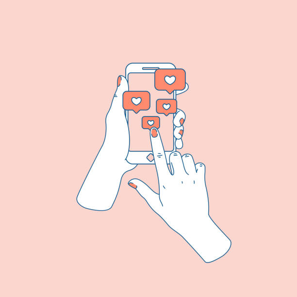 Social media like. Woman hand with smartphone. Following notification. Vector illustration Vector illustration social media illustrations stock illustrations