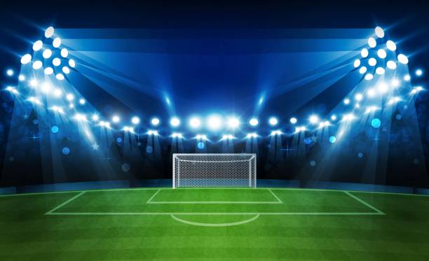 istock Football arena field with bright stadium lights vector design. Vector illumination 1014216330
