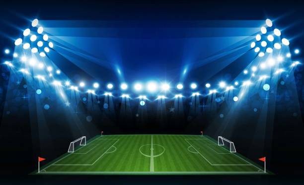 istock Football arena field with bright stadium lights vector design. Vector illumination 1014217138