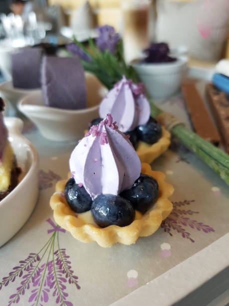 lavender blueberry tart - tart dessert tray bakery imagens e fotografias de stock