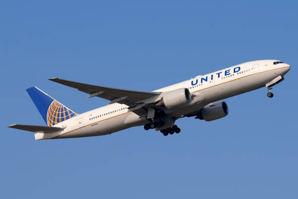 A United Airlines Boeing 777 takes off from Shanghai Pudong airport.