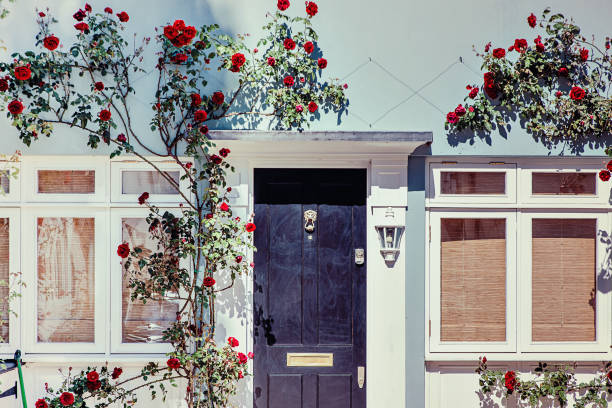 Lovely house facade with blue wall and red roses in Notting Hill, London Lovely house facade with blue wall and red roses in Notting Hill, London notting hill stock pictures, royalty-free photos & images