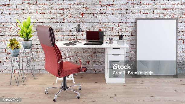 Modern Home Office Work Space 3d Render Stock Photo - Download Image Now - Small Office, Armchair, Brick