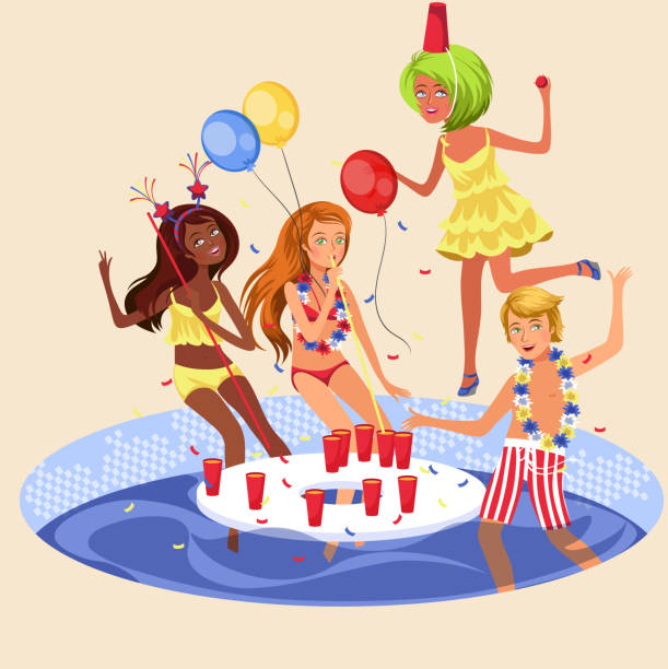 pool party bunte poster - happy men rain water dance stock-grafiken, -clipart, -cartoons und -symbole