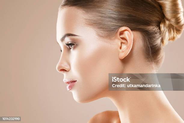 Beautiful Woman Healthy Skin Care Concept Portrait Close Up On Beige Background Stock Photo - Download Image Now