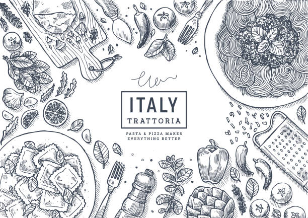 이탈리아 음식 최고 보기 그림입니다. 라비 올 리와 spagetti 테이블 배경입니다. 새겨진된 스타일 그림입니다. 영웅 이미지입니다. 벡터 일러스트 레이 션 - 레이션 일러스트 stock illustrations