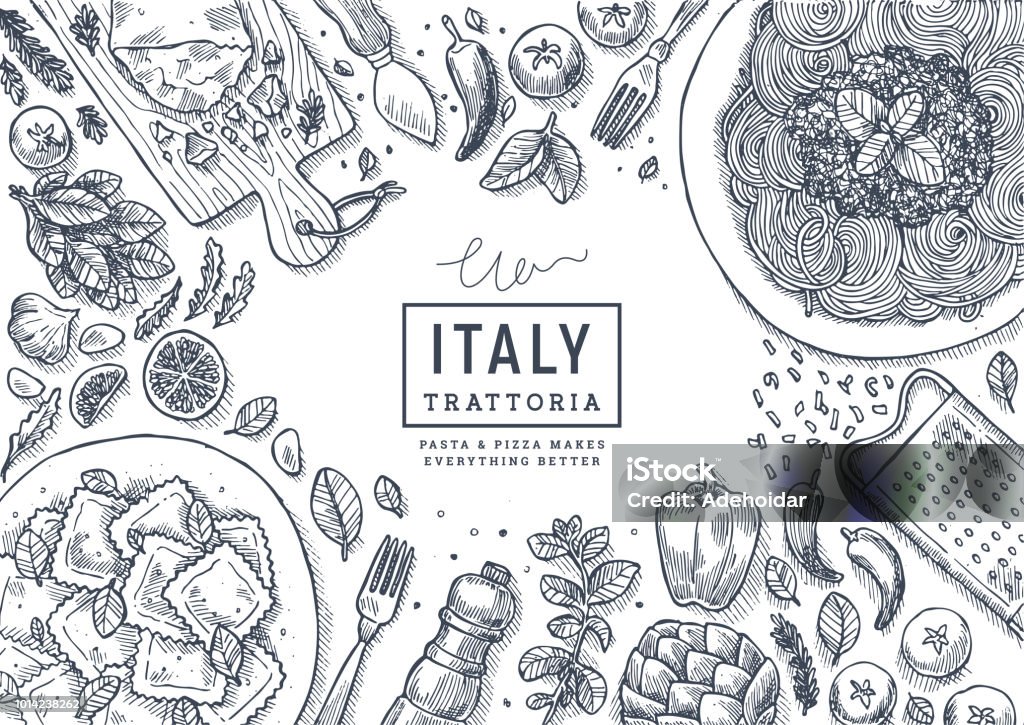 Italian food top view illustration. Spagetti and ravioli table background. Engraved style illustration. Hero image. Vector illustration Hero image. Vector illustration. Italian food top view illustration. Spagetti and ravioli table background. Engraved style illustration. Food stock vector