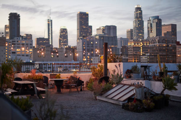 vista dello skyline di los angeles al tramonto dalla terrazza sul tetto - los angeles county city of los angeles apartment built structure foto e immagini stock