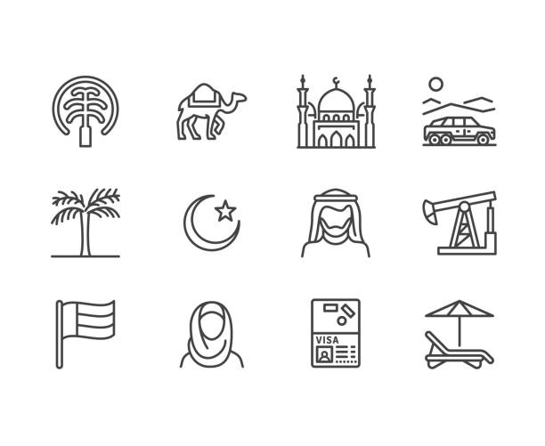 アラブ首長国連邦のフラット ライン アイコン。アラブ首長国連邦国旗、ドバイ、イスラム教モスク、砂漠のオフロード車、イスラム教徒の人々、ラクダ、油ベクトル イラスト。旅行代理店� - united arab emirates flag united arab emirates flag interface icons点のイラスト素材／クリップアート素材／マンガ素材／アイコン素材