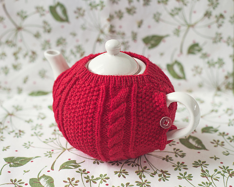 Red sweater cozy teapot on placemat with green leaves