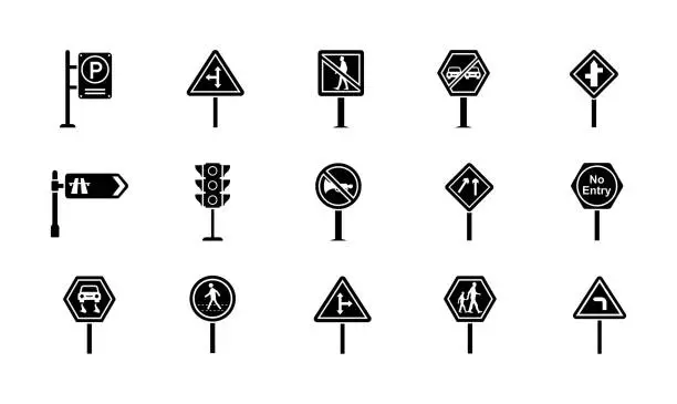 Vector illustration of A Pack of Road Signs and Junctions Glyph Vector Icons