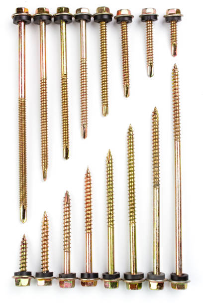 Comparison between Hex Washer Flange Head Self-Drilling Screws (Roofing Screw) used to fix metal roof sheeting to Wood and Steel roof frame with rubber sealing isolated on white background.