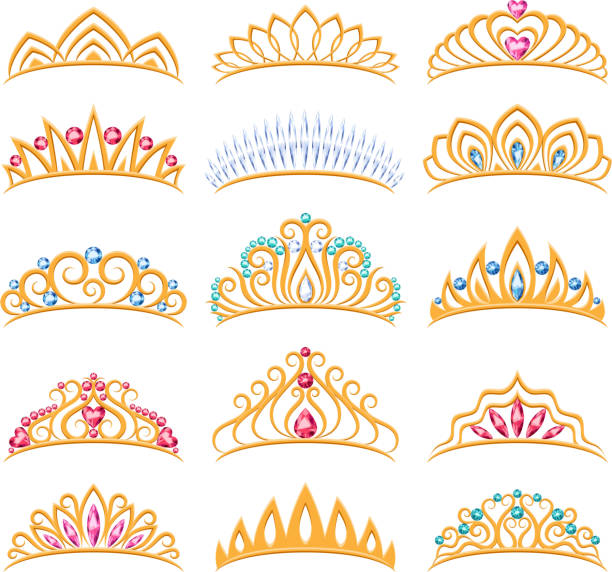satz von schönen goldenen diademe mit edelsteinen. - tiara stock-grafiken, -clipart, -cartoons und -symbole