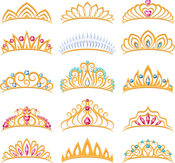 Set of beautiful golden tiaras with gemstones. Set of beautiful golden tiaras with gemstones. Princess crowns. Jewelry collection. tiara stock illustrations