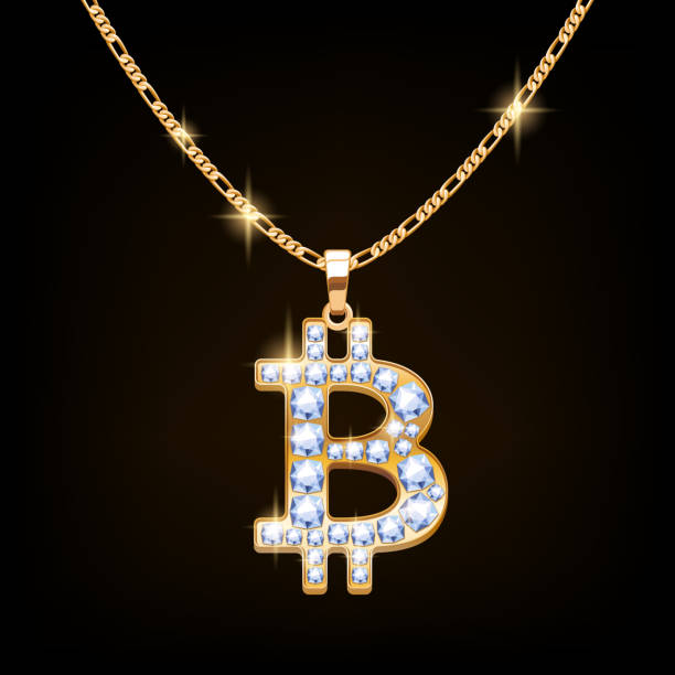 Bitcoin sign jewelry necklace on golden chain. Bitcoin sign jewelry necklace with diamonds gemstones on golden chain. Hip-hop style. diamond necklace stock illustrations