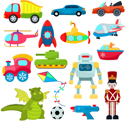 Kids toys vector cartoon games helicopter or ship submarine for children and playing with car or train illustration boyish set of robot and dinosaur in playroom isolated on white background.