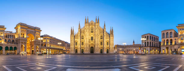 Milan panorama city skyline sunrise at Milano Duomo Cathedral, Milan Italy stock photo