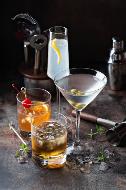 Variety of alcoholic cocktails on dark background