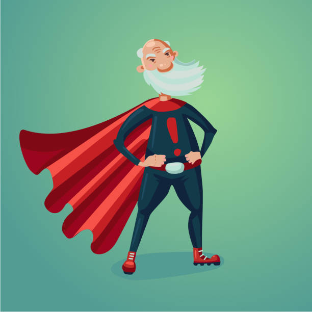 starszy dorosły mężczyzna w super hero garnitur z czerwoną peleryną. zdrowy styl życia humor ilustracji kreskówki. - fun red men cape stock illustrations