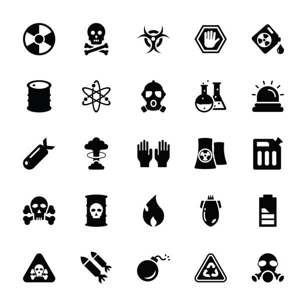 Biohazard Glyph Vector Icons Set The collection of biohazard glyph icons set is depicting elements that pose a threat to the health of living organisms concept. These icons can be used freely for diverses purposes in related projects. weapons of mass destruction stock illustrations