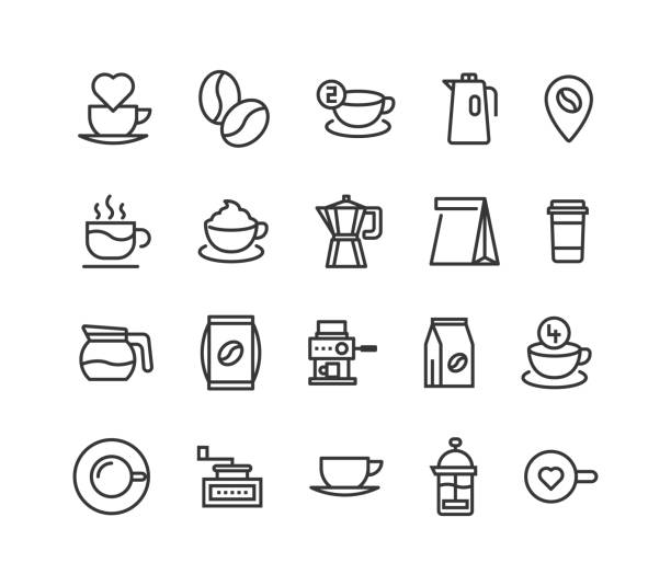 ilustrações de stock, clip art, desenhos animados e ícones de simple set of coffee related vector line icons. editable stroke. 48x48 pixel perfect. - breakfast cup coffee hot drink