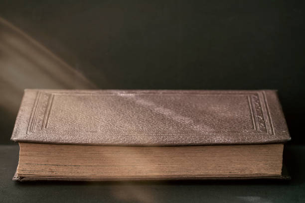 istock Old book close-up under sunbeam on a dark background, copy space, vintage, rustic stile. Reading time, back to school, education, concept of historical research heritage concept 1014282818