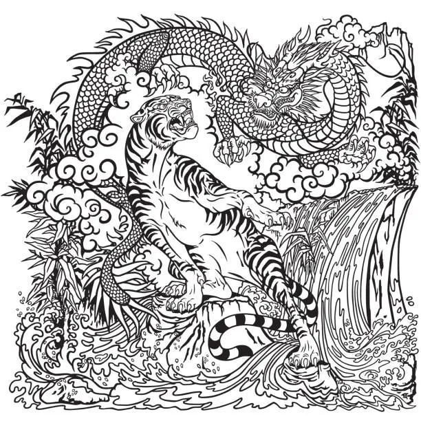 Vector illustration of dragon versus tiger coloring page